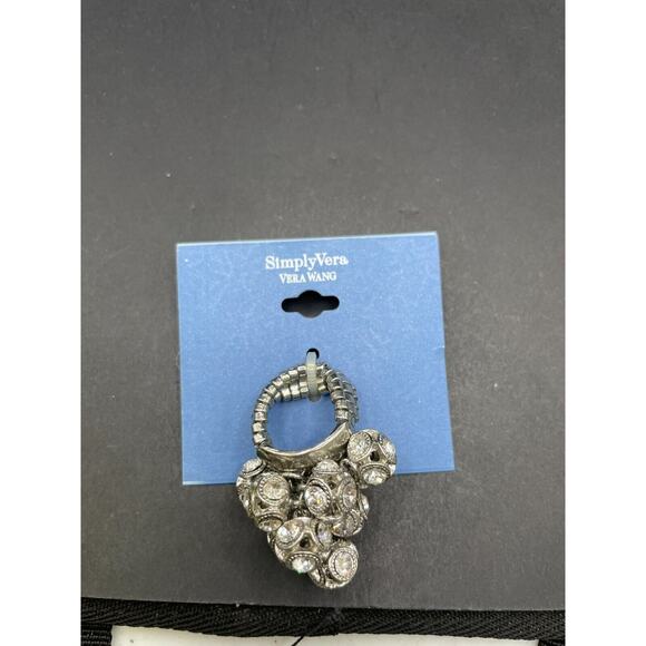 SimplyVera VERA WANG Silver Tone Dangling Clear Crystal Stretch Ring New - Picture 2 of 7